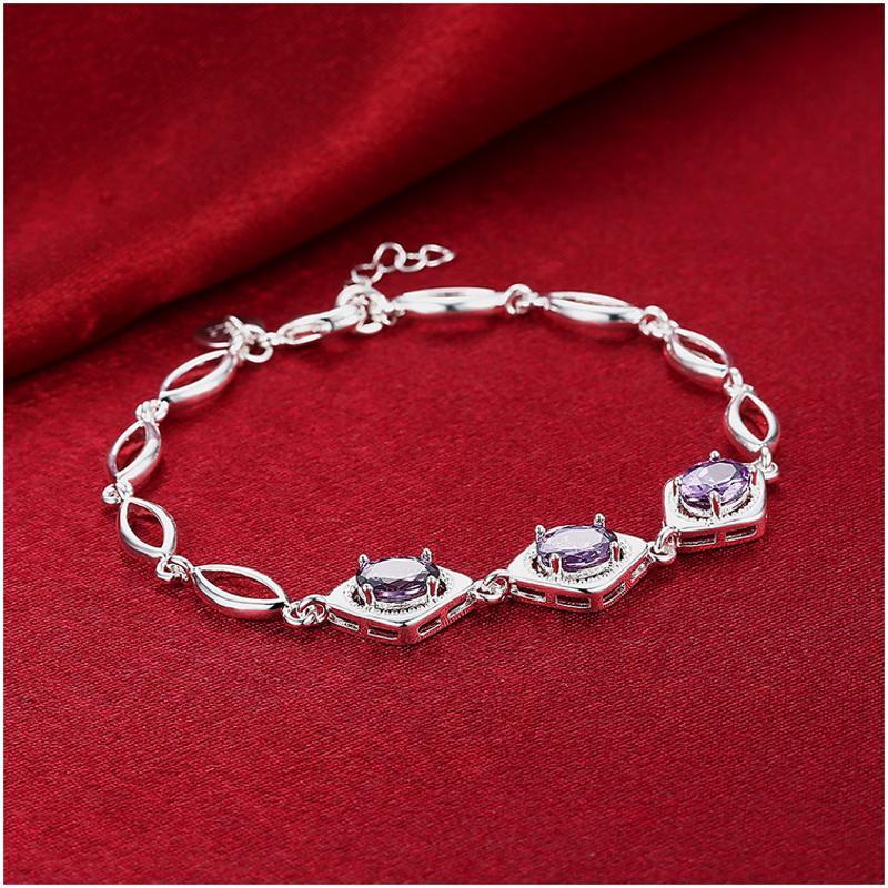 H494Women Silver Bracelet女生饰品气质紫锆石手链镀925纯银复古送女朋友七夕情人节礼物