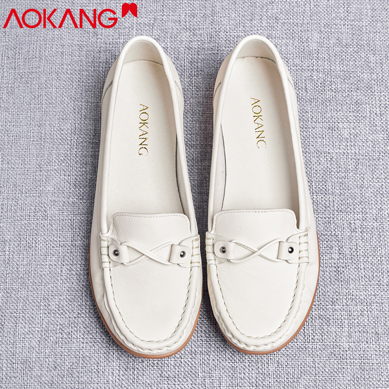 奥康女鞋春夏季休闲皮鞋女牛皮透气豆豆鞋软底护士鞋中年妈妈鞋