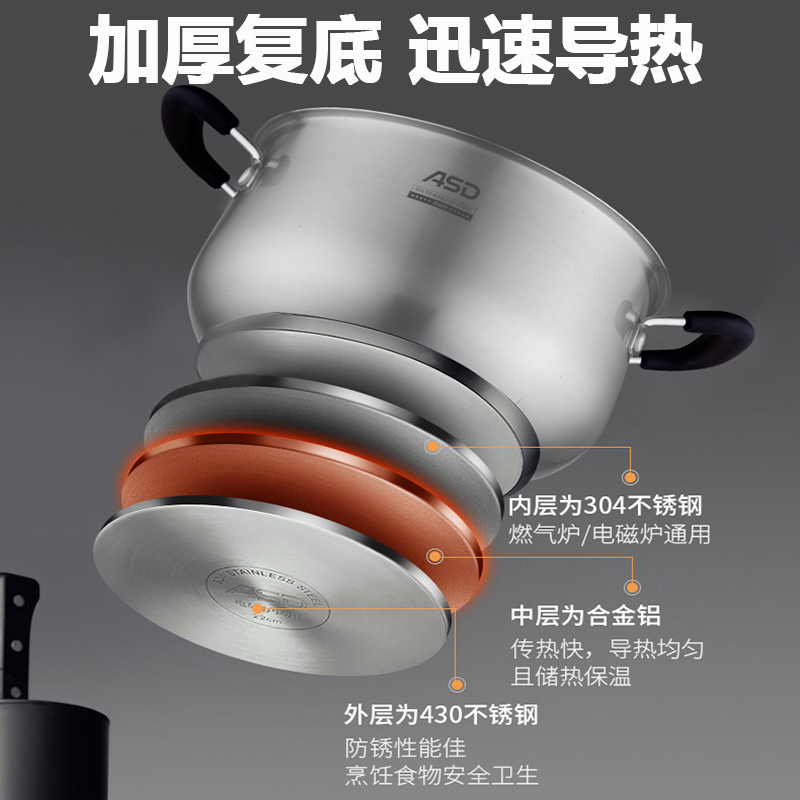 爱仕达 ASD 汤锅家用奶锅不锈钢泡面煮奶锅20CM婴儿辅食锅汤锅电磁炉通用 22CM TS22A1J