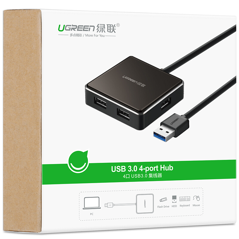 绿联usb3.0分线器一拖四高速电脑外接usb转接器多接口扩展器usb分接器转接头笔记本扩展口 黑色 4口HUB 1米(20787)