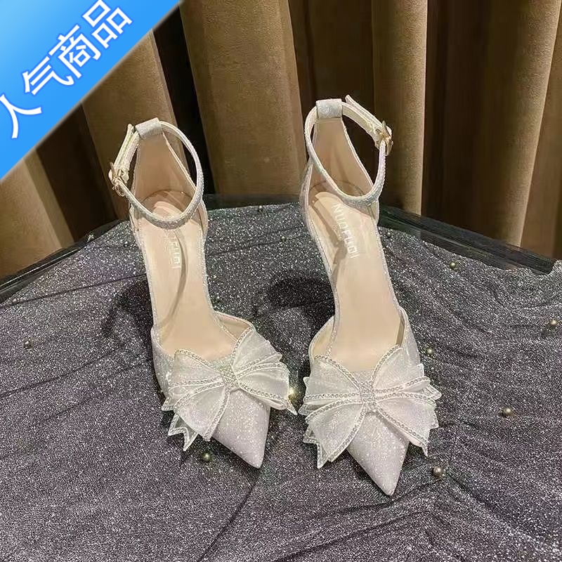 SUNTEK好看法式礼服高跟鞋女细跟2023年新款蝴蝶结水晶少女尖头伴娘婚鞋