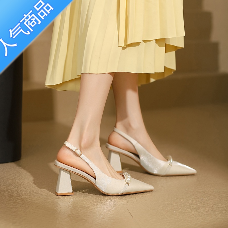 SUNTEK法式缎面高级感夏季旗袍高跟鞋女白色粗跟单鞋包头凉鞋婚鞋新娘鞋高清大图