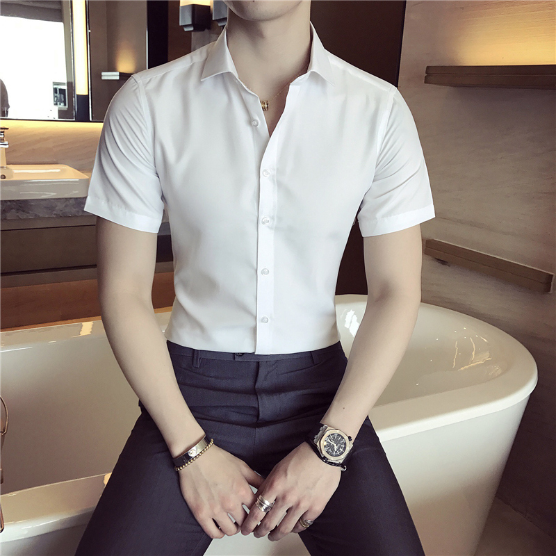 纯白色衬衫夏天短袖衬衣商务休闲正装男士职业装工作制服寸衣ktv