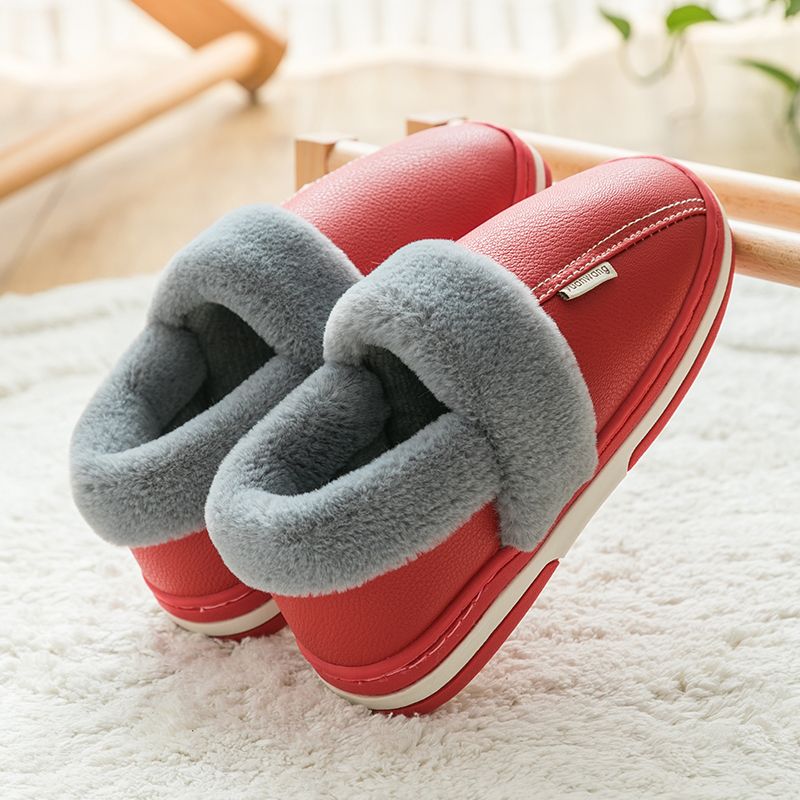 棉拖鞋女包跟冬季居家室内冬pu皮月子鞋厚底防滑保暖情侣拖鞋男 包跟红色 37-38适合36-37脚