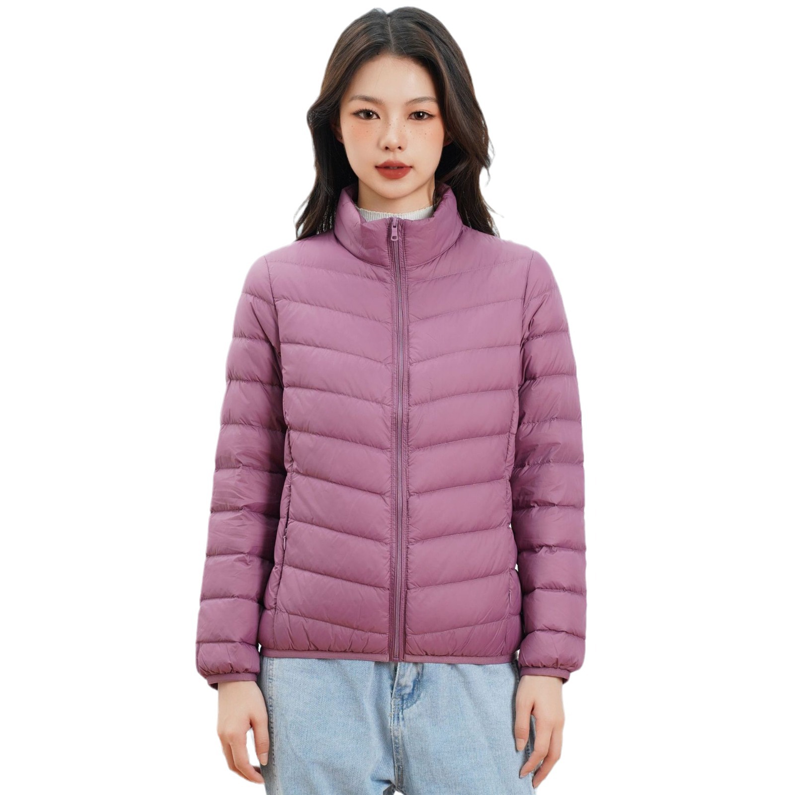 女式新国标90绒简约羽绒纯色女立领女装轻薄款羽绒服女士高清大图