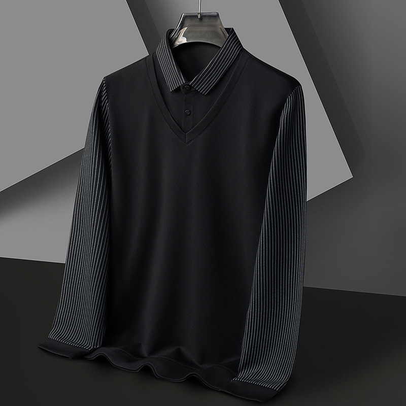 啄木鸟 春秋商务休闲POLO衫男士中年爸爸衬衫领长袖T恤假两件上衣 黑色 XL