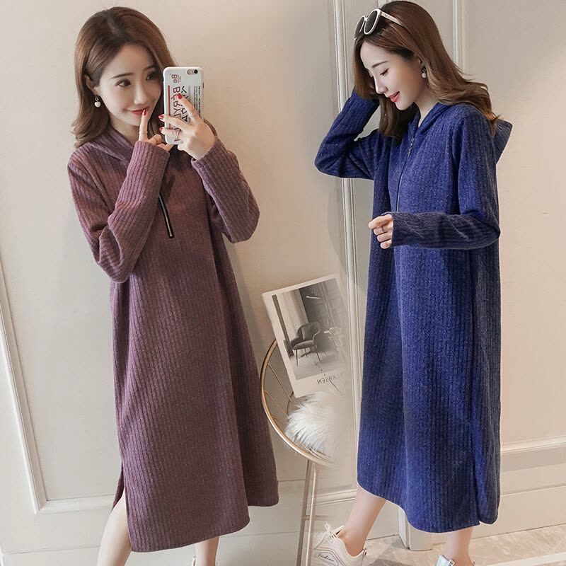 迪鲁奥(DILUAO)孕妇裙子秋季时尚宽松外出A字裙连帽中长款针织打底秋孕妇连衣裙图片