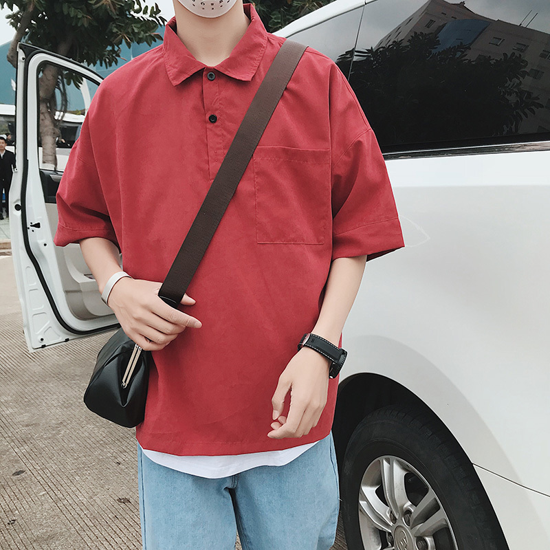 2018夏装年轻桃皮绒Polo T恤男士短袖保罗领体恤红色男装后背印花