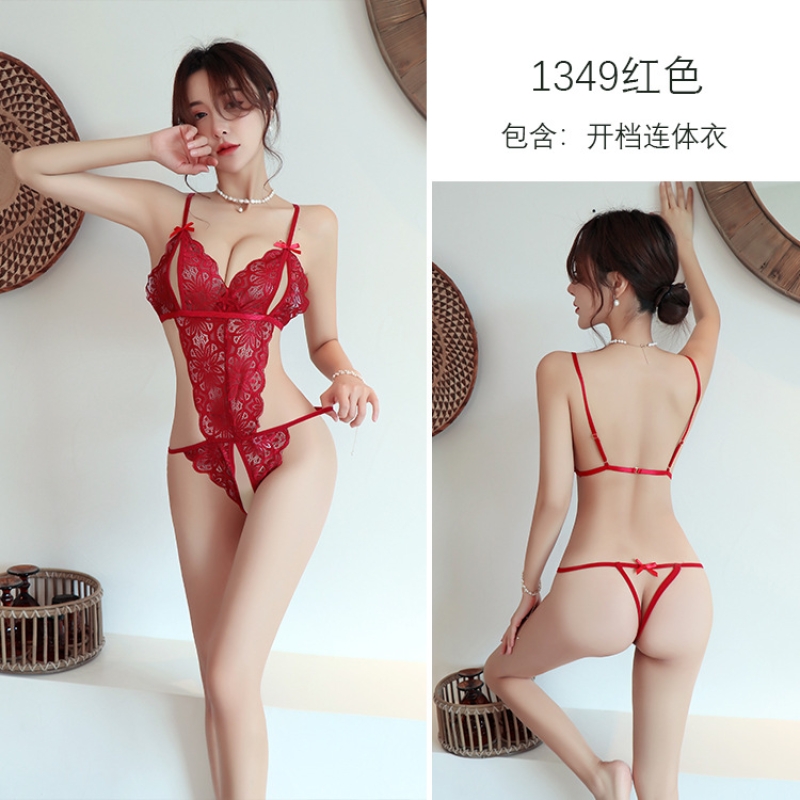 长夜漫漫情趣内衣性感蕾丝诱惑透视装性感火辣免脱开档连体衣1349 红色 均码(80-120斤)