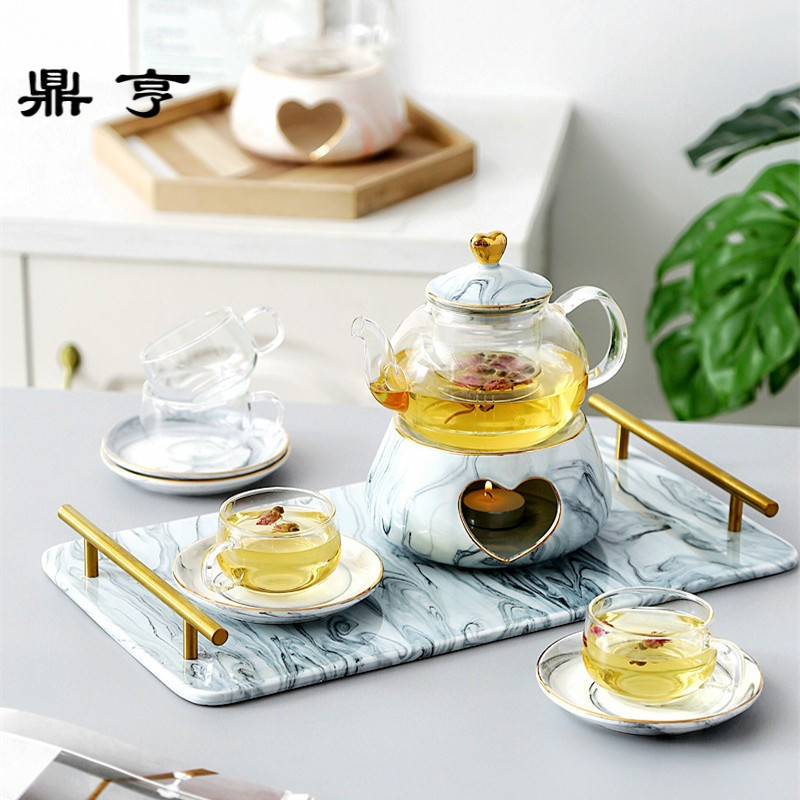 鼎亨北欧丹麦大理石花茶壶水果茶壶套装耐热陶瓷玻璃煮茶具花茶养