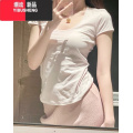 YIBUSHENG季2024新款u领正肩t恤竹节棉短袖女修身白色体恤纯欲甜辣小上0