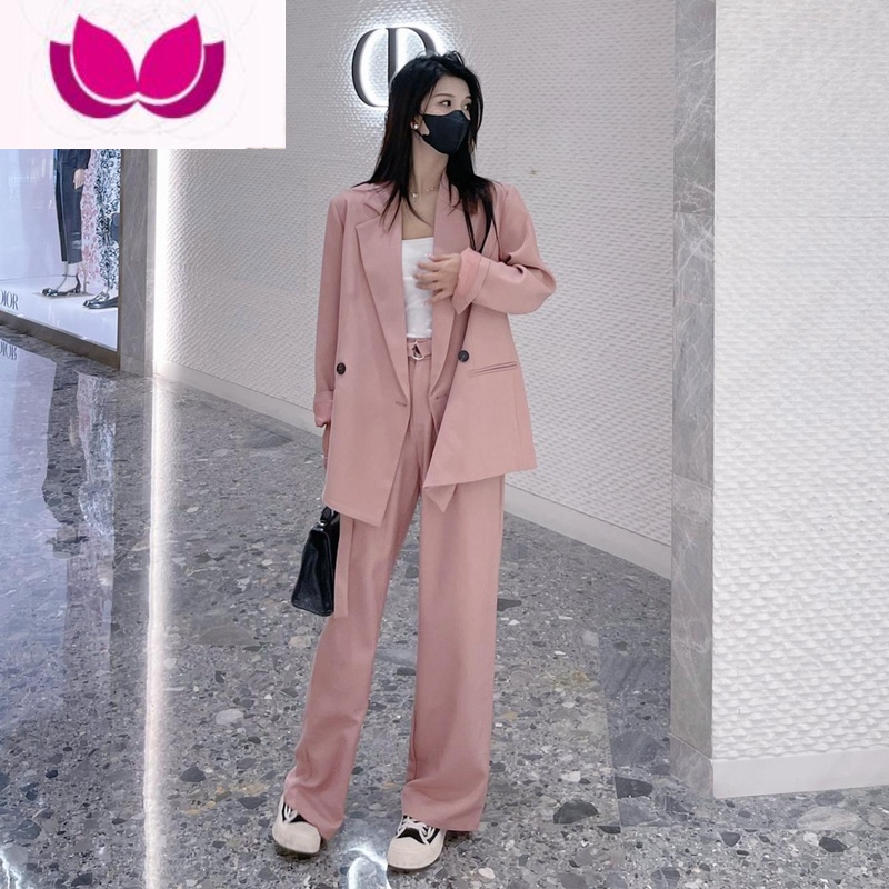 七斓2023新款宽松高级感西装套装女粉色西服外套休闲阔腿裤套高清大图