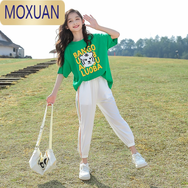 MOXUAN女童网红夏装短袖T恤洋气新款半袖套装中大童女装7夏季儿童装