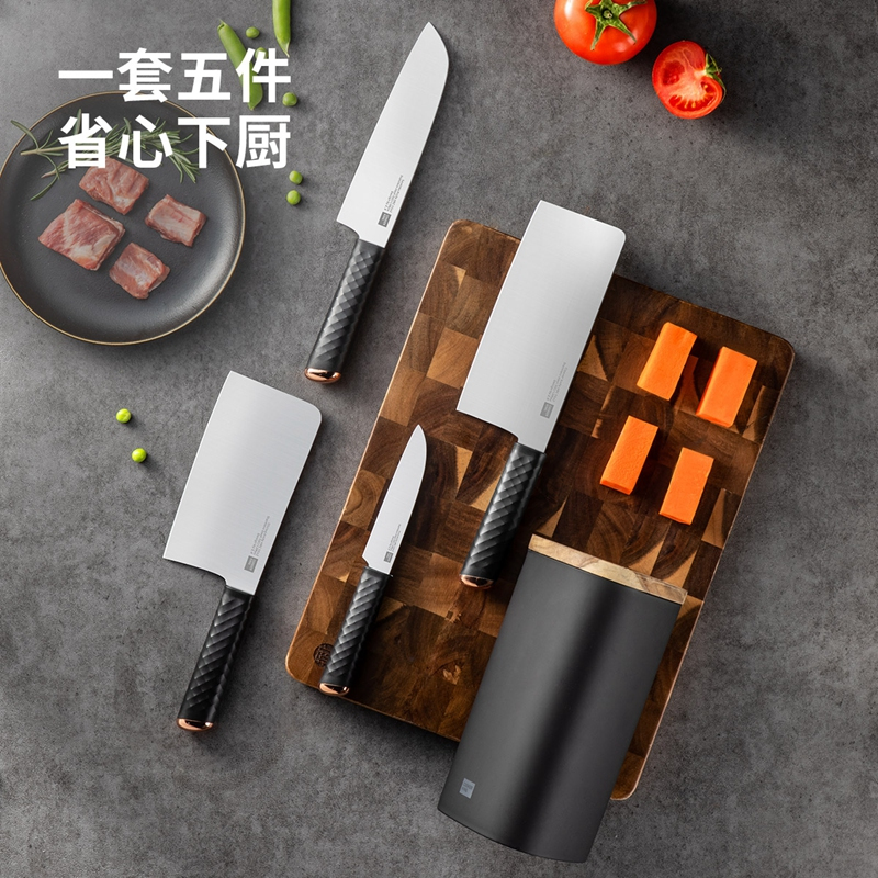 炊大皇菜刀家用锋利防锈砍骨切菜刀 厨师专用砍骨刀切片刀三德刀五件套装FM29768