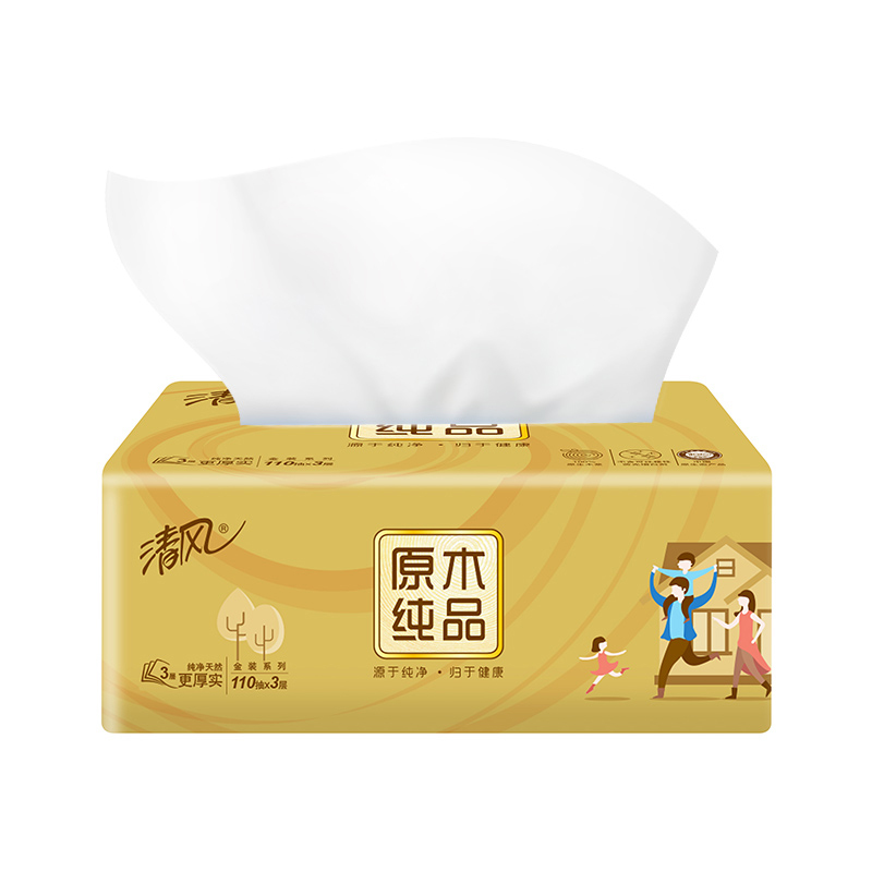 清风抽纸 原木纯品金装系列3层110抽27包餐巾纸 面巾纸