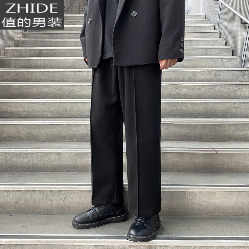 SUNTEK日系坠感西裤男秋冬直筒宽松大码毛呢裤子潮流百搭阔腿加厚休闲裤西裤