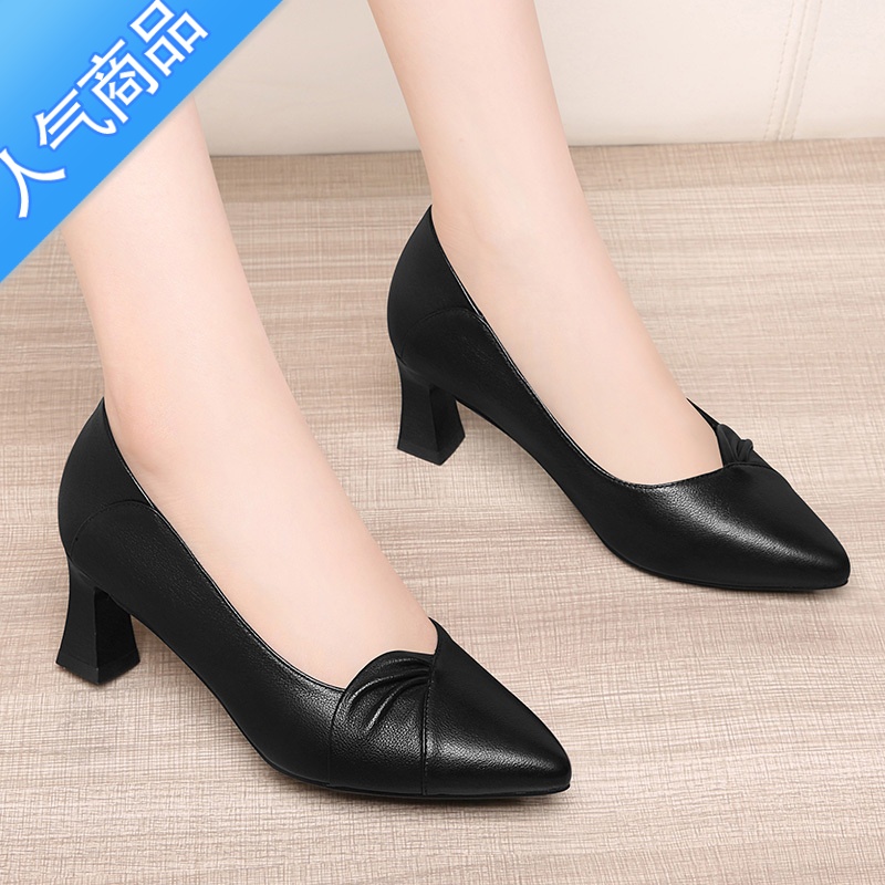 SUNTEK粗跟皮鞋女英伦2023年春秋季新款百搭一脚蹬乐福鞋女浅口单鞋高清大图