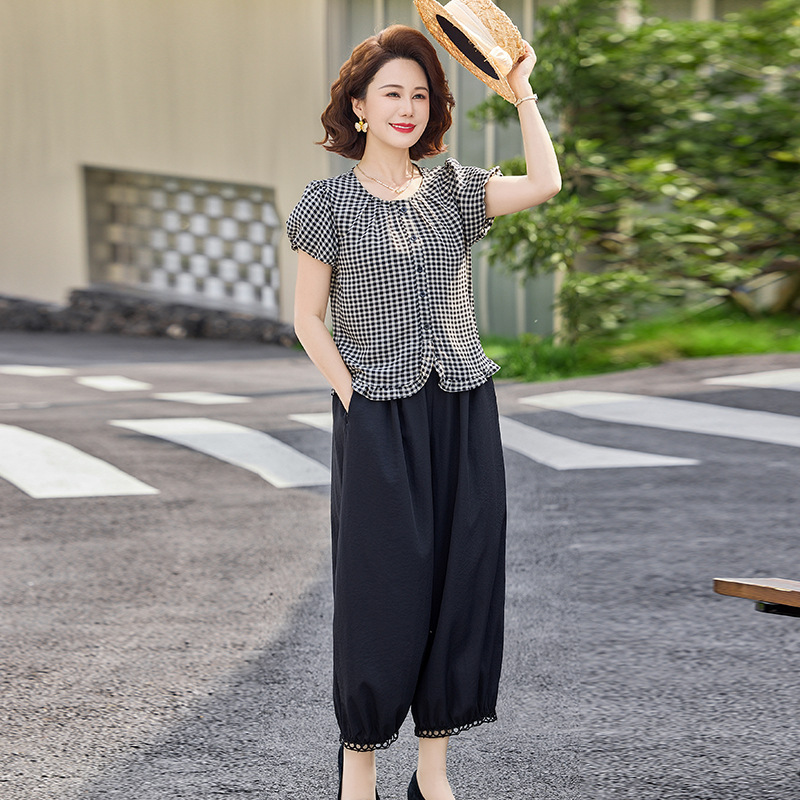 纤孜雅 妈妈夏装格子短袖衬衫阔腿裤两件套中老年时尚减龄套装女新款高清大图