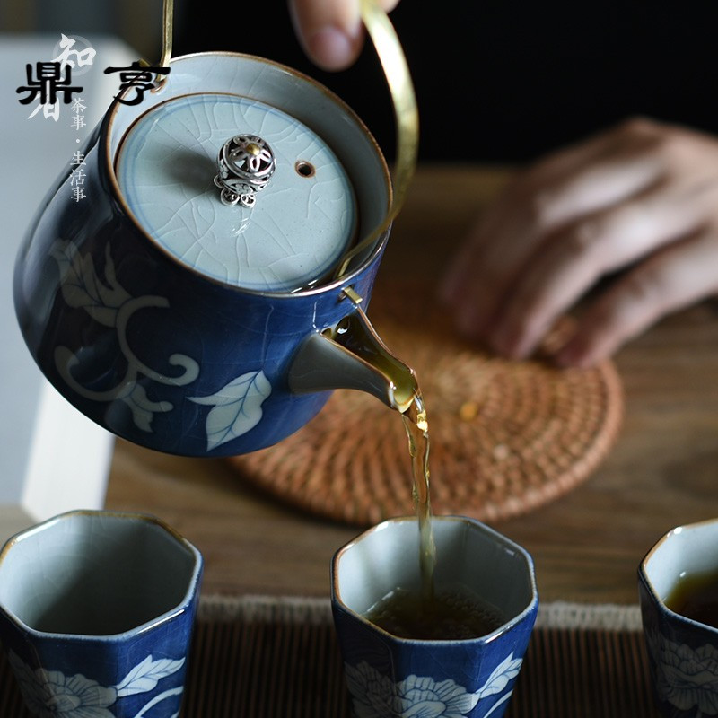 鼎亨茜蓝小提梁壶 手工绘画青花霁蓝哥窑开片陶瓷茶壶功夫茶具手