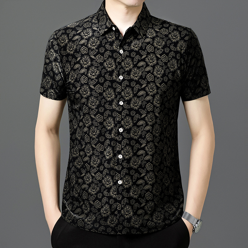 2025中年男士短袖花衬衫休闲透气爸爸装印花半袖衬衣碎花