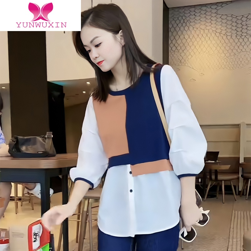 YUNWUXIN时髦圆领衬衫女士拼接衬衣2022秋季新款时尚洋气小衫宽松条纹上衣