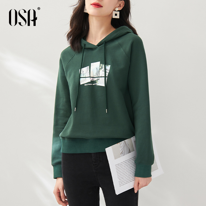 OSA欧莎加厚绿色连帽卫衣女2021年新款潮ins早秋装设计感小众上衣