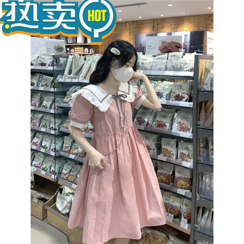 绿彩虹光女大童连衣裙夏装娃娃领学院风短袖初中生公主风160韩版12岁裙子