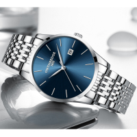 瑞之缘 正品超薄时尚潮流机械精钢带石英表手表简约男士腕表学生防水男表 蓝底银边