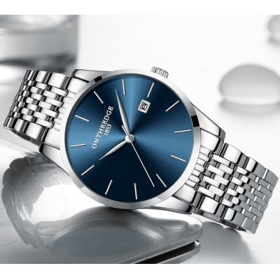 瑞之缘 正品超薄时尚潮流机械精钢带石英表手表简约男士腕表学生防水男表 蓝底银边