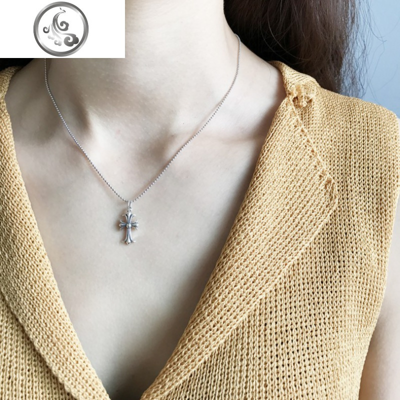 欧美风网红款S925纯银项链复古泰银做旧情侣长款毛衣链男女_965 十字架+链子45CM