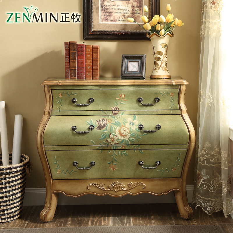 美式复古三斗柜客厅储物多功能卧室靠墙柜子欧式收纳装饰斗橱家用 整装_军绿色_整装卡其色