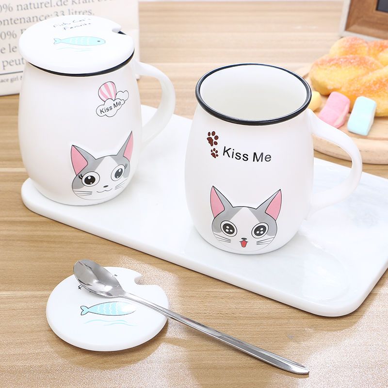 起司猫-A款(带盖带勺) 400ml简约家用陶瓷杯起司猫带盖水杯咖啡杯马克杯创意情侣杯带勺