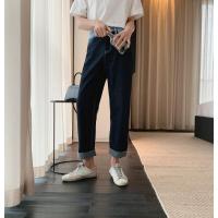梵克公牛新款设计感拼边牛仔裤男宽松韩版潮流百搭休闲裤子 藏蓝色