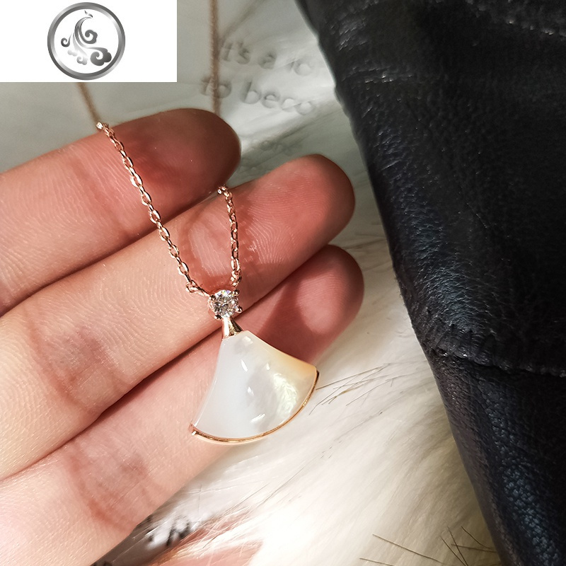 S925纯银小红裙项链女潮网红白贝母裙子小众设计扇子玫瑰金锁骨链_1 白贝母925纯银防过敏