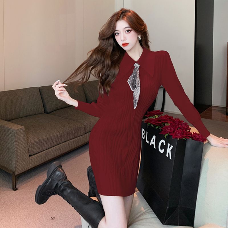 红色针织连衣裙polo翻领修身包臀裙秋冬季报价_参数_图片_视频_怎么样