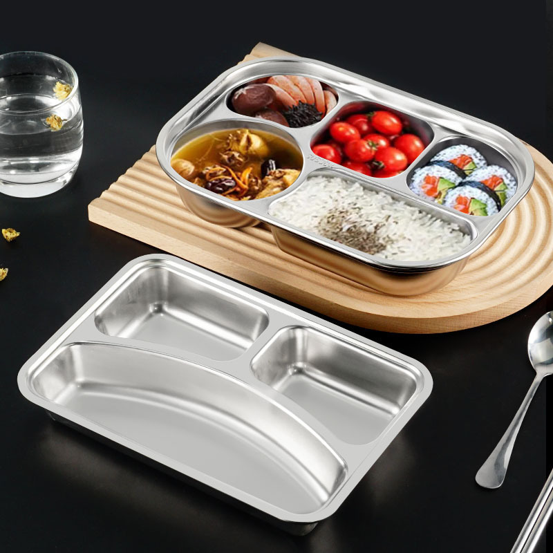 乐享食堂加厚不锈钢分格餐盘快餐盘加大深五格(带筷位)塑料盖304材质LX-TCJ-0086单位:个