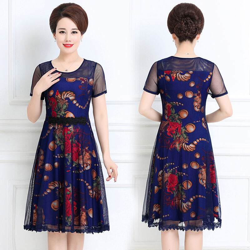妈妈夏装连衣裙女中长款雪纺印花中老年大码女装加肥加大宽松裙子