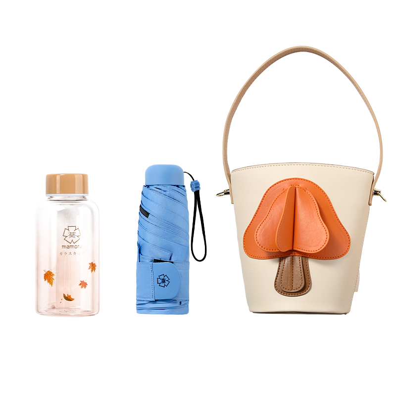 Mamoru蘑菇包套装(伞+蘑菇包+冷水杯)(颜色随机发货)防晒防紫外线太阳伞晴雨两用遮阳伞小巧便携折叠伞包包隔热