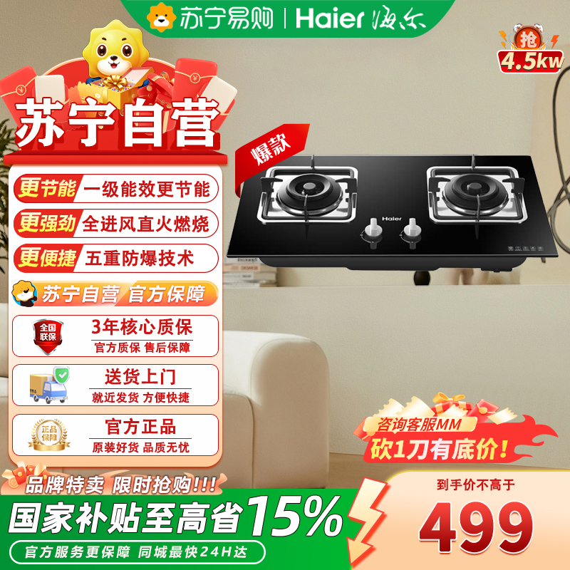 海尔JZT-QE5B0(12T) 一级能效直燃火燃气灶下进风台嵌两用钢化玻璃面板4.5千瓦大火力