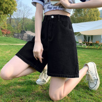 牛仔中短裤女宽松休闲高腰时尚牛仔五分裤牛仔蓝宽松高腰牛仔短裤_616860 26 黑色