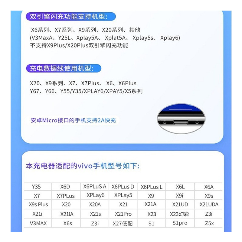 闪充vivo充电器充电头x7x9x20x21y67y83y85安卓手机|9v2a双引擎闪充 套装[1米闪充线+充电头]