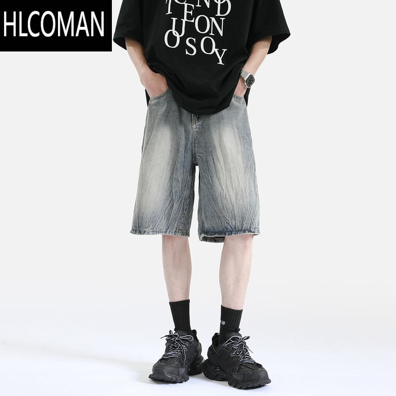 HLCOMAN重工闪电纹牛仔短裤男夏季美式高街水洗做旧宽松直筒五分裤子