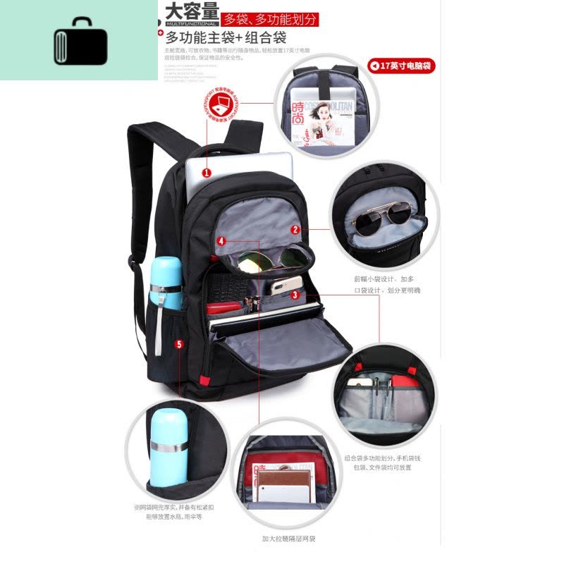 双肩包男休闲时尚旅行商务男士背包初高中学生书包男女士NEW LAKE 小号15.6寸(送密码锁)图片