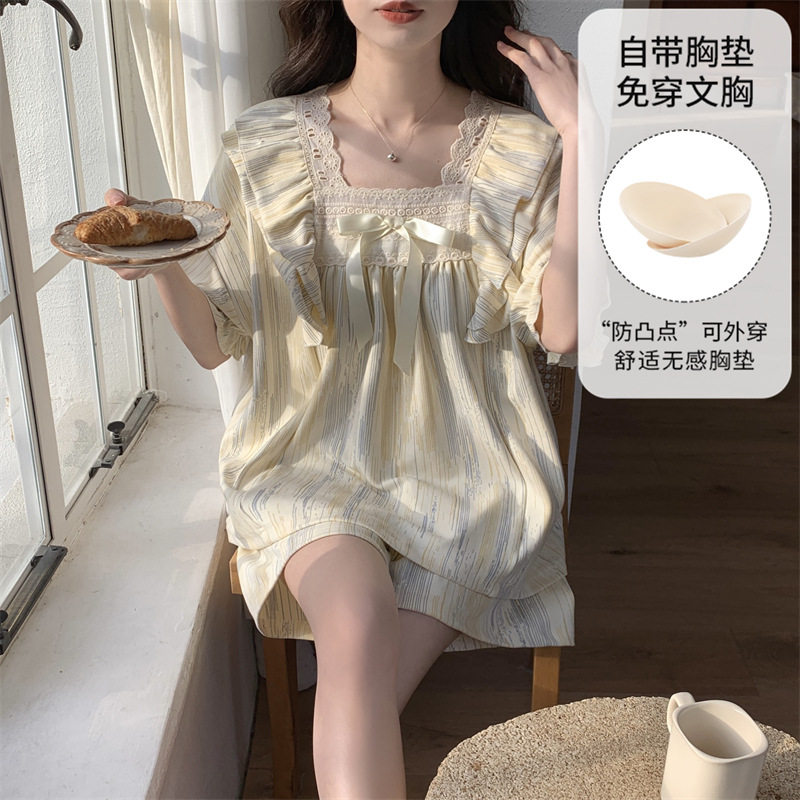 睡衣女夏天可外穿2026新款薄款短袖夏季带胸垫宽松学生家居服套装