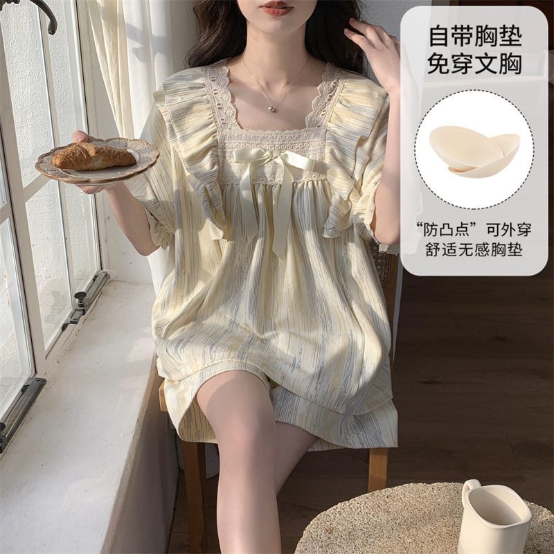 睡衣女夏天可外穿2026新款薄款短袖夏季带胸垫宽松学生家居服套装