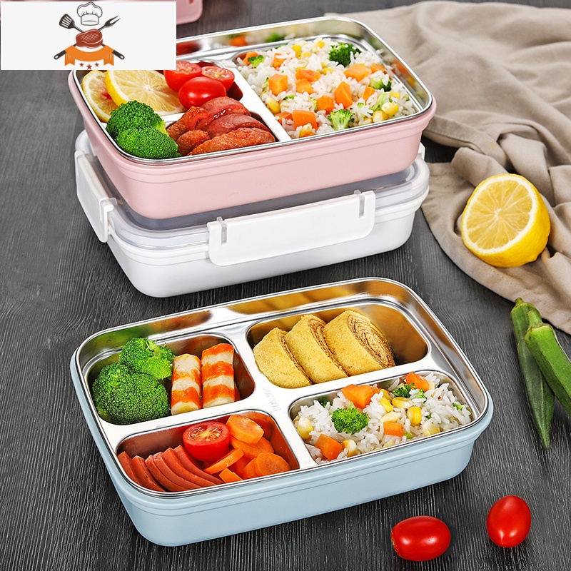 饭盒小学生不锈钢分隔型便当盒上班族儿童分格餐盒带盖食堂餐盘 粉色4格[送304勺筷] 敬平高清大图