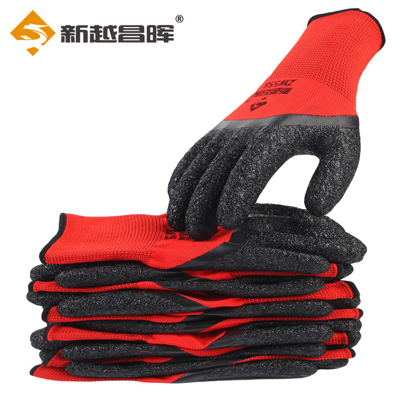 新越昌晖浸胶皱纹手套 涂掌涂层乳胶手套 劳保手套 防滑耐磨透气工地工作劳动干活手套防护黑红色 60副/均码 L518