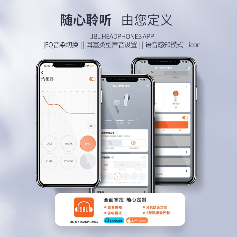 JBL TUNE FLEX 小晶豆主动降噪真无线蓝牙耳机半入耳音乐耳机运动手机通话耳麦6级可调节降噪白色高清大图