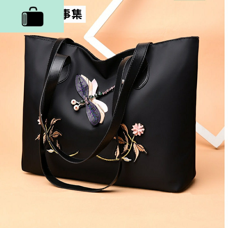 2020新款民族风蜻蜓刺绣手提包百搭单肩包尼龙防水简约轻便托特包NEW LAKE女士单肩包