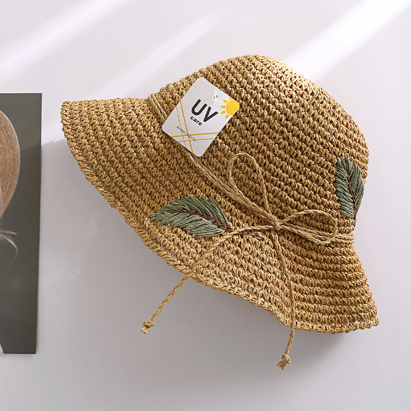 拉菲草帽子女遮阳帽韩版潮夏天防晒帽沙滩百搭太阳帽手工树叶细绳草帽